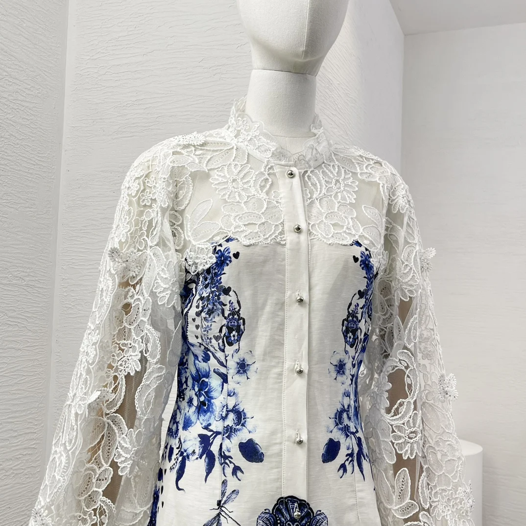 Linen Silk White 2024 High Quality New Hook Flower Hollow Blue Floral Print Long Sleeve Lace Embroidery Women Mini Dress