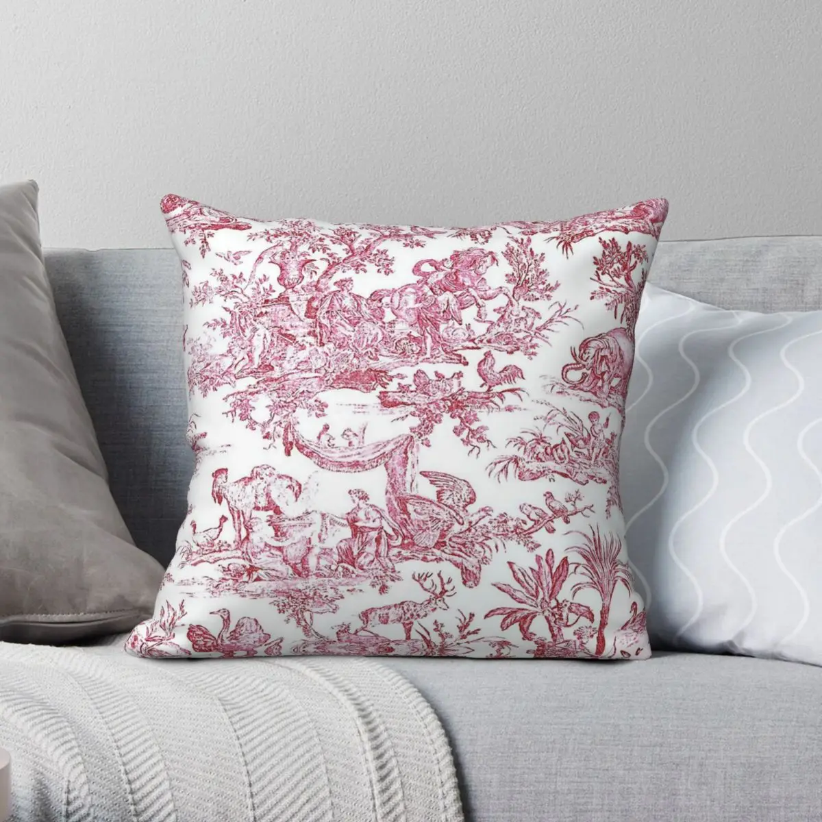 

Red Toile French Countryside Square Pillowcase Polyester Linen Velvet Pattern Zip Decor Pillow Case Room Cushion Case