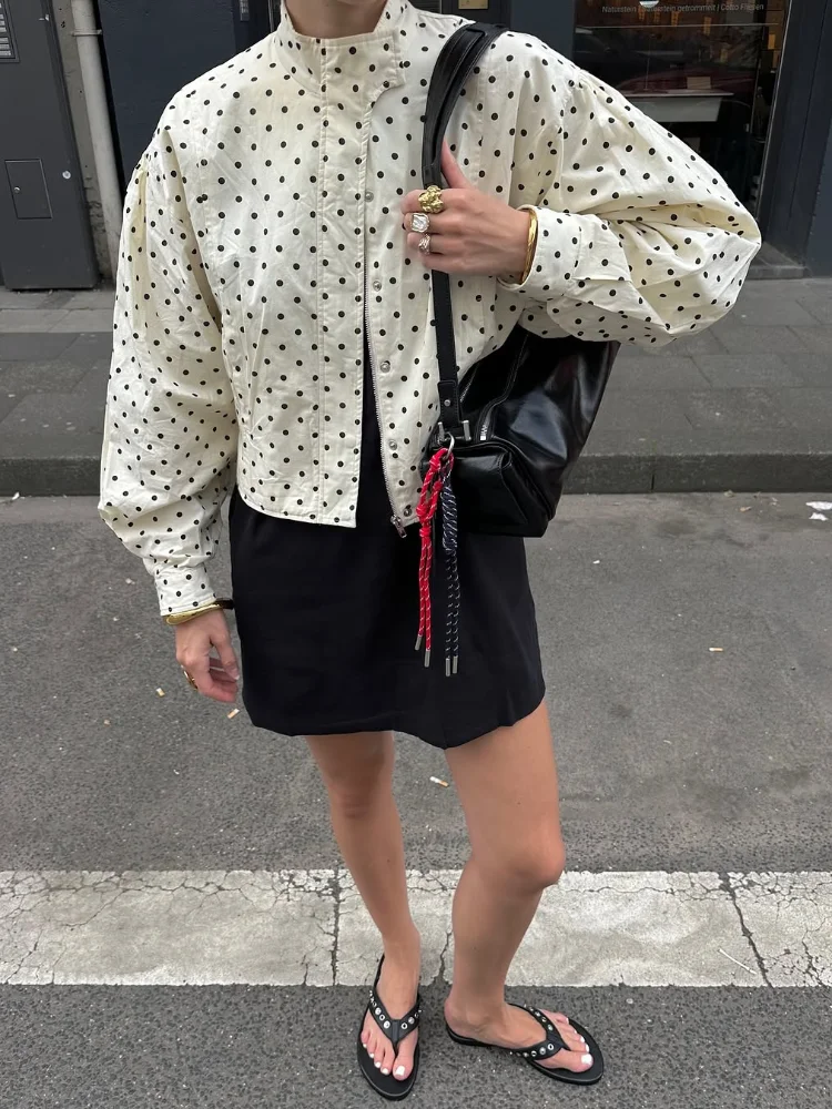 

Шикарные куртки с рукавами-фонариками в горошек, женские повседневные укороченные пальто с высоким воротником, 2022, женская уличная верхняя одежда, новинка