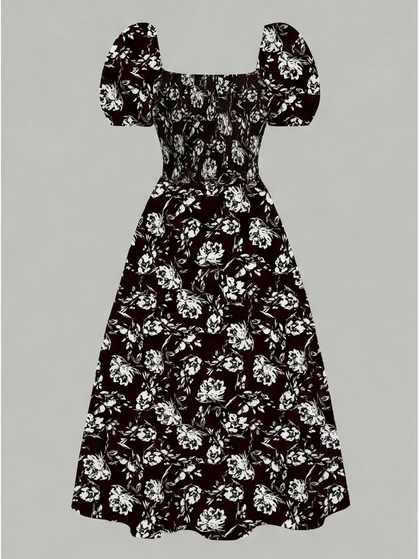 Kleid mit Blättermuster und quadratischem Kragen für Kinder und Frauen, locker geschnitten, kurze Ärmel, tailliert, langer Rock. – Detail 13