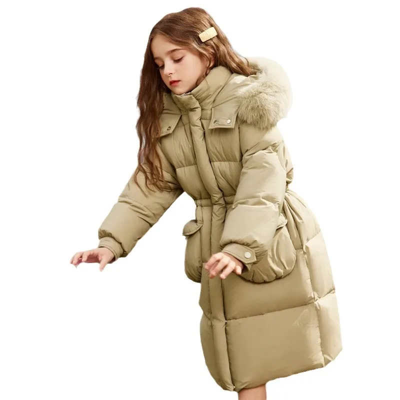 Winter Girls\' New Solid Color Plush Thickened Hooded Collar Long Versatile Fashion Show Windproof and Warm Cotton Clothes