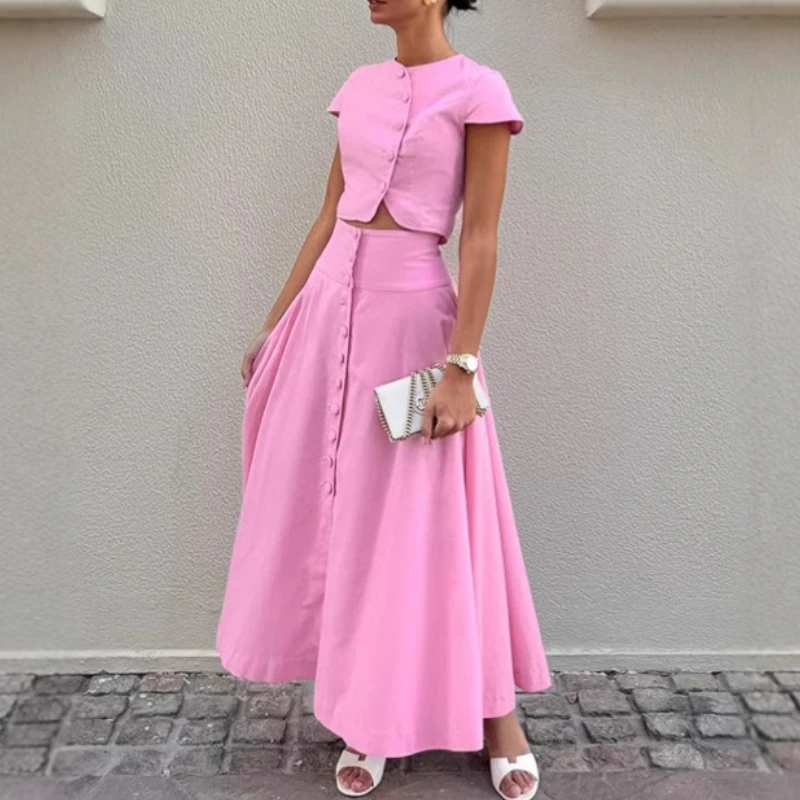 

Elegant A Line Long Skirt Set Summer Ins Fragrance Pink Shirt Dress Two Piece Set for Women Clothing
