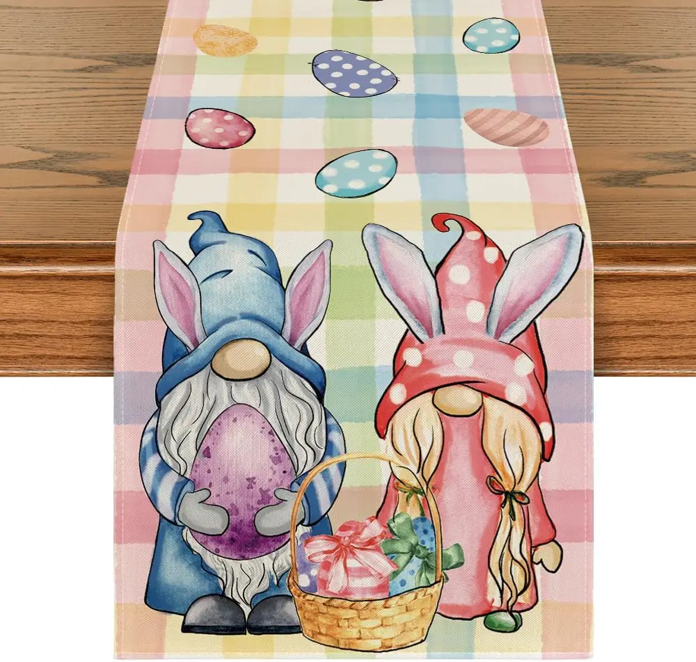 Easter Bunny Gnomes Eggs Colorful Plaid Linen Table Runner Party Decor Spring Holiday Kitchen Dining Table Runners Dresser Scarf