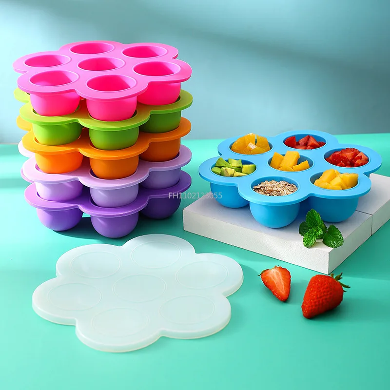 7 Holes Reusable Silicone Baby Food Freezer Tray Crisper Egg Bite Mold BPA Free Storage Baby Food Storage Containers With Lid