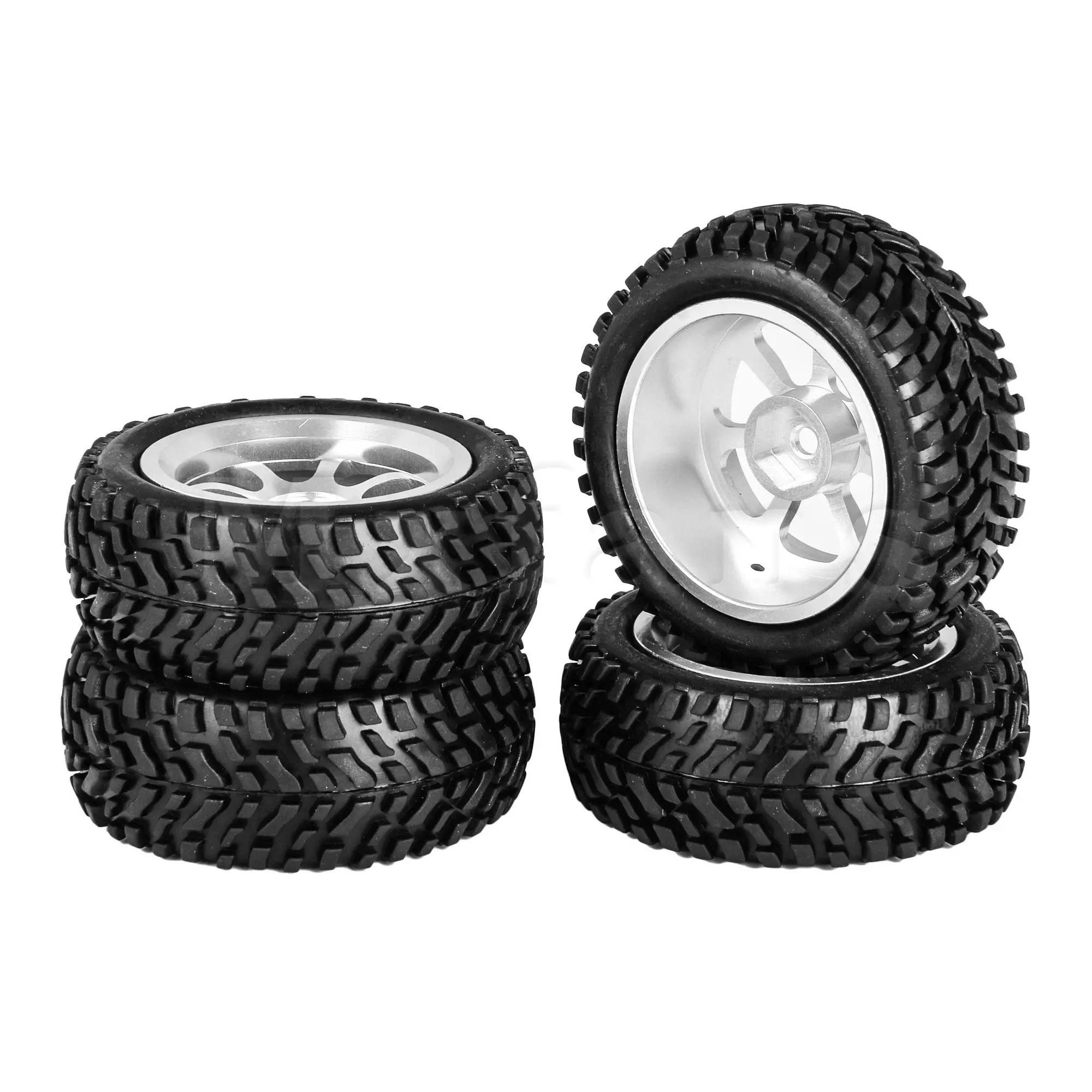 Mxfans 4 Black Rubber Tires & 4 Aluminum Alloy Wheel Rims for RC 1:10 Rally Car