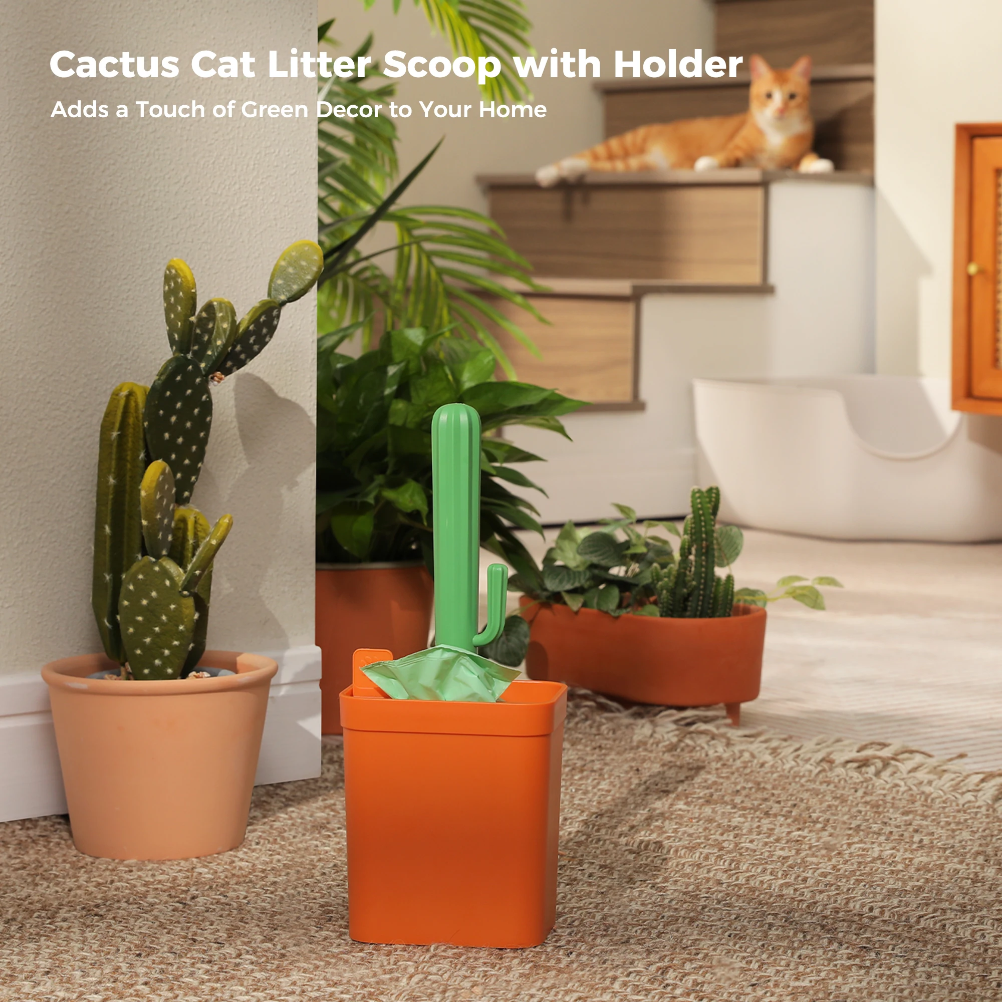 Cactus Cat Litter Scooper with Holder - 2 Replaceable Wheat Straw Plastic Shovels & ABS Handle and Box Bag & Trash Bag Storage