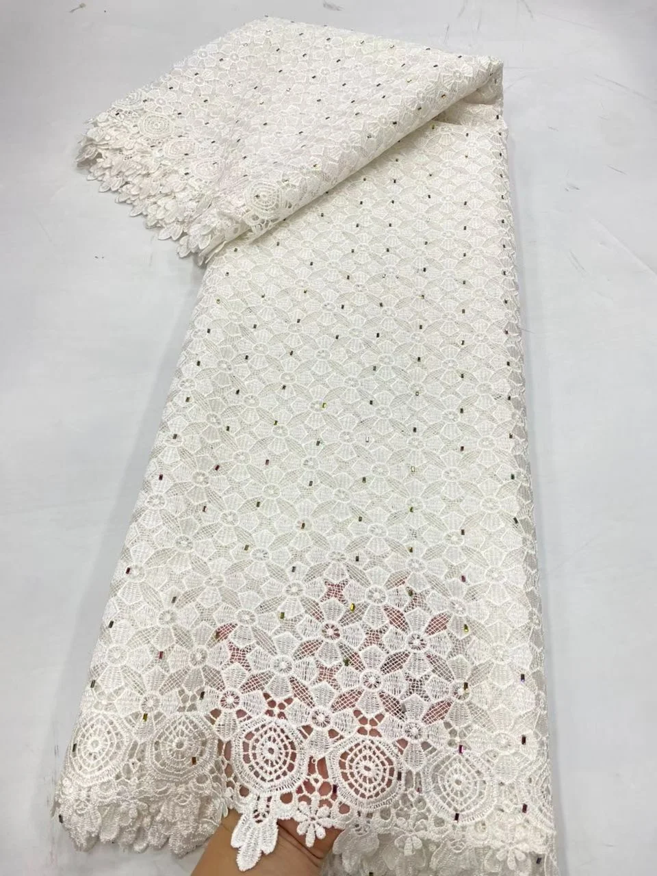 

2026 High-Quality Africa Nigerian Sequins Cotton Embroidery Lace Fabric Tulle for Wedding Party Dress Chiffon 5Yards JL567