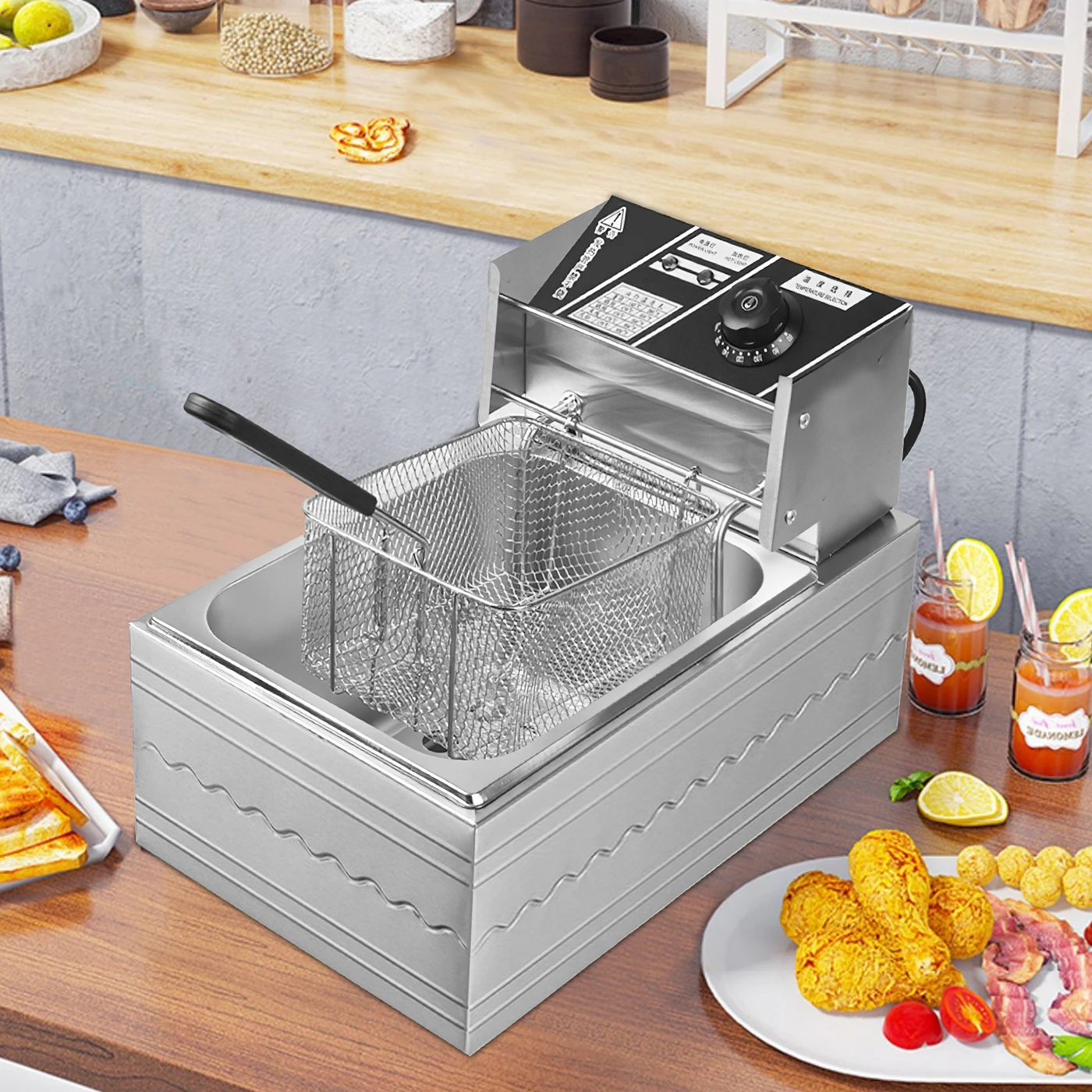 Freidora Eléctrica de 6L y 2500W con Escurridor de Aceite, Freidora Comercial de Acero Inoxidable para Batidora de Patatas Fritas y Pollo, Uso Doméstico