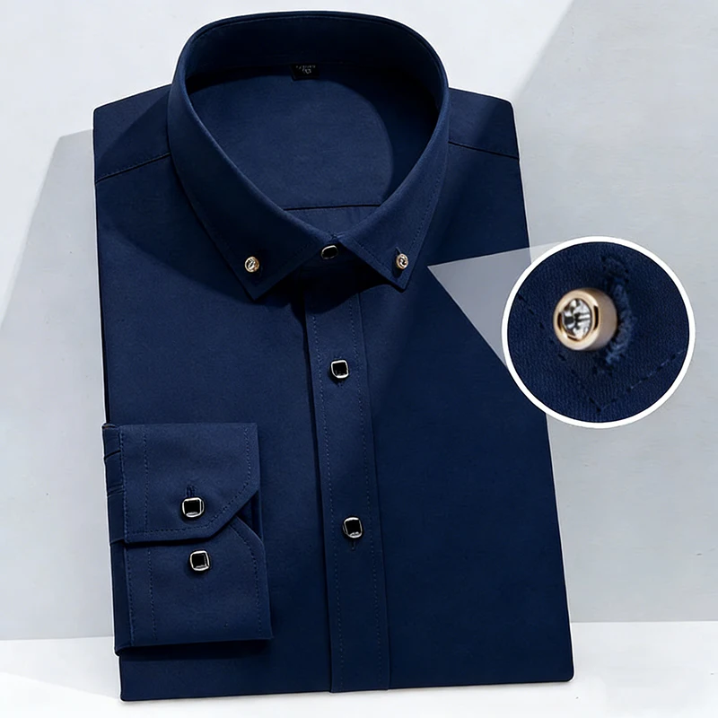 

Top Quality Men's Long Sleeve Shirt Dress Casual Solid Color Routine Fit Design Business Male Social Shirts White Blue Black Red