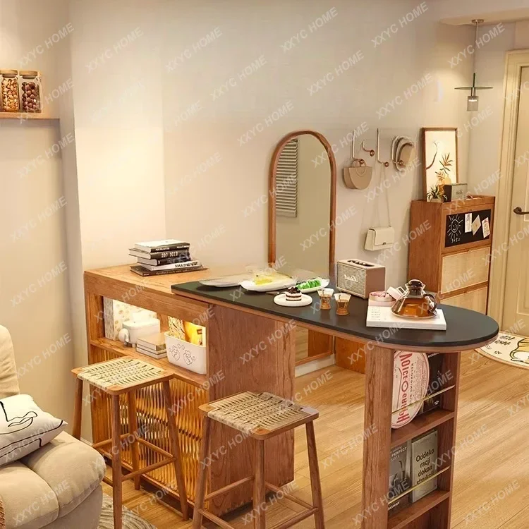 

A Solid wood retractable dining side cabinet integrated partition black slate coffee table cherry wood