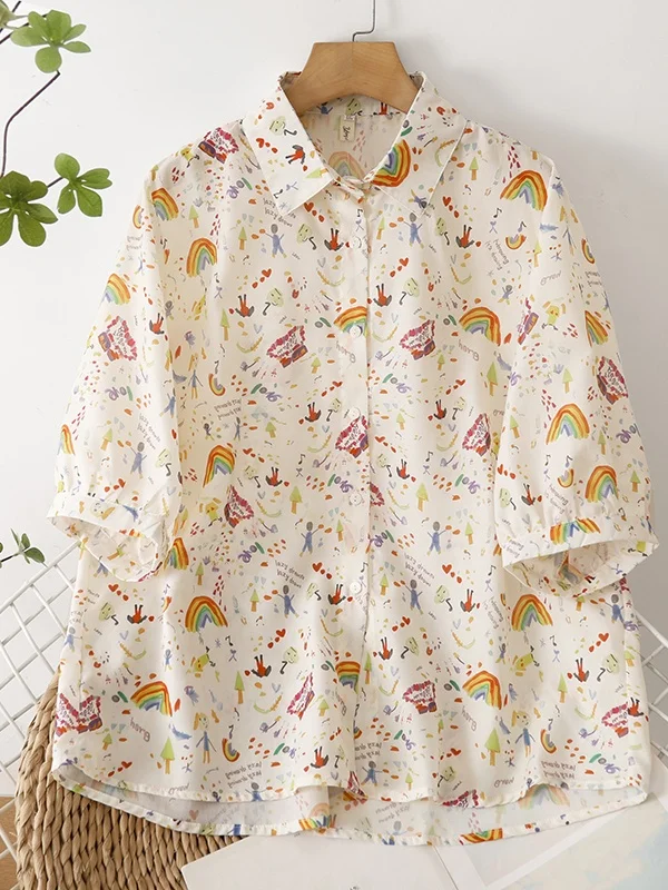 

Korean Japanese High End Printed Short Sleeve Shirt Women's Anti Aging Cartoon Series Turn Collar Summer Fashion Top