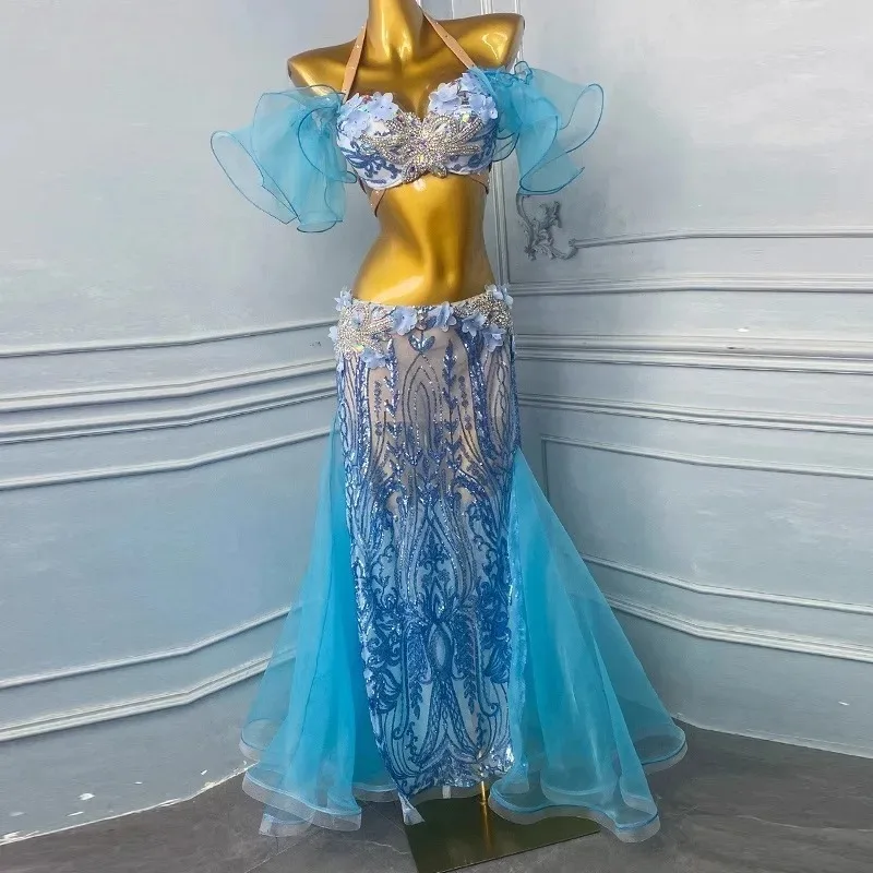 Customized Belly Dance Clothing Performance Dress Female 2025 New Set Eastern Dance Costumes Practice Dress Set Blue Bra Skirt