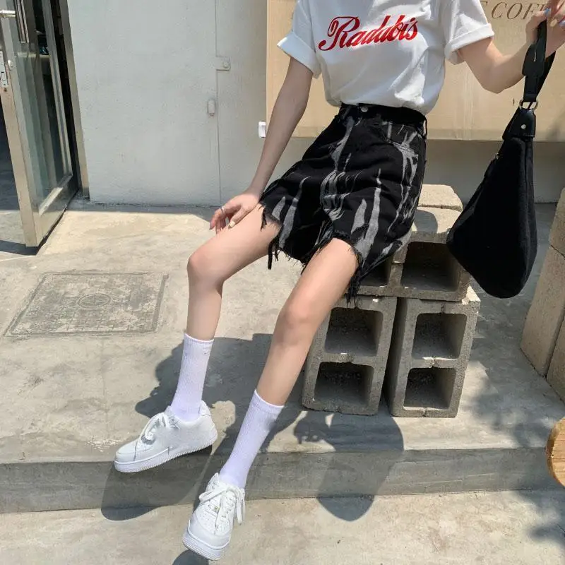 Shorts Women Denim Fur-lined Tie Dye Straight High Waist Distressed Retro Streetwear Cool Girls Irregular Personality Harajuku