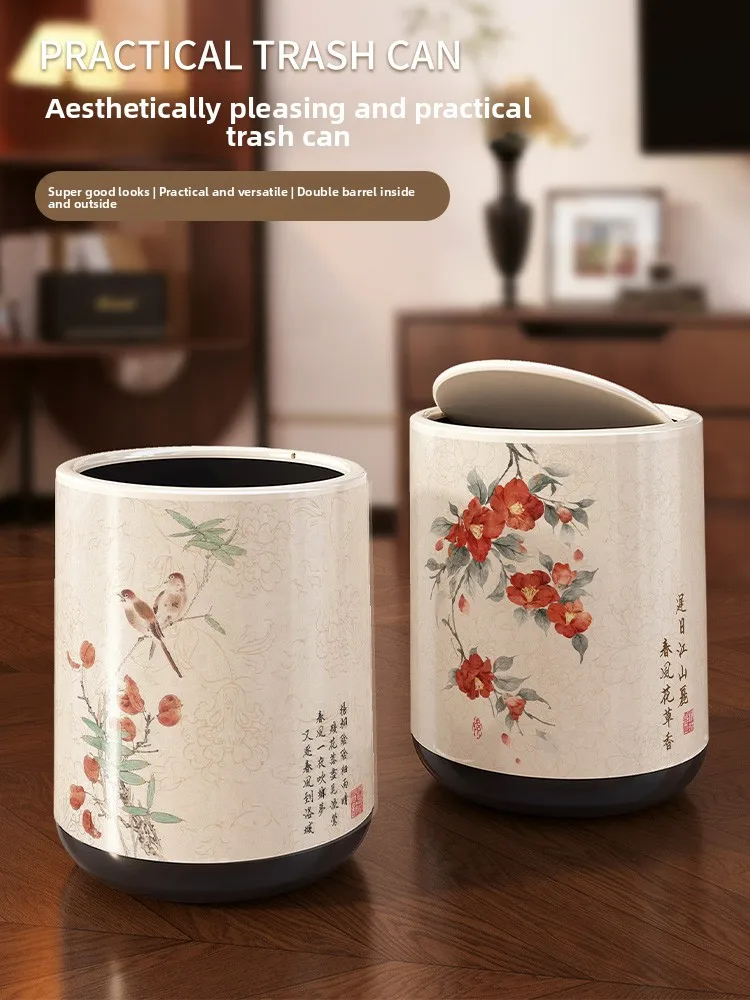 

Новая китайская круглая мусорная корзина большой вместимости с крышкой для спальни и гостиной, для домашнего использования, легко моется.