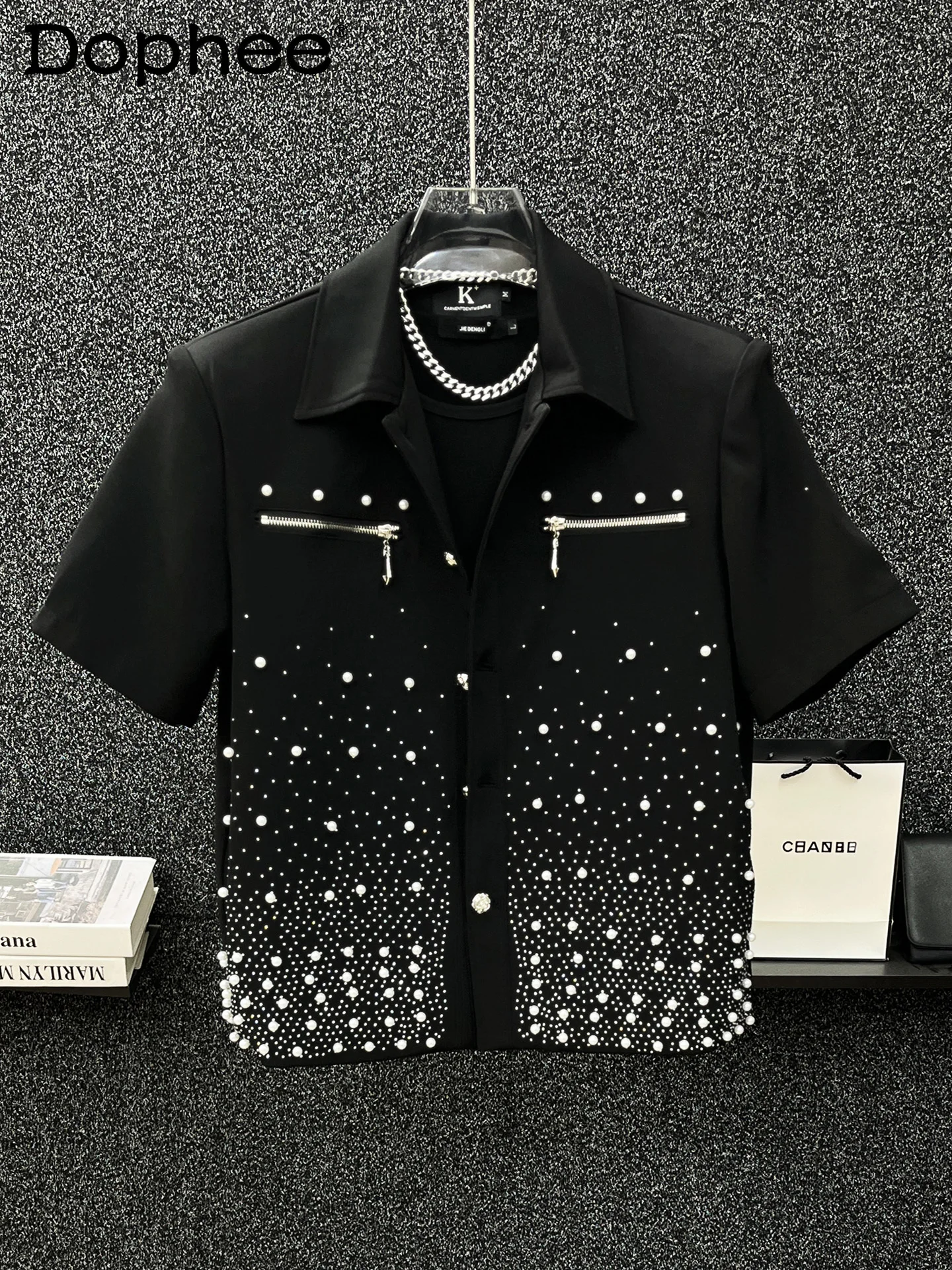 

Summer New 2025 Pearl Short Sleeve Jacket Two-piece Fashion Trendy Men Gypsy Heavy Industry Hot Diamond Wide Leg Pants Set
