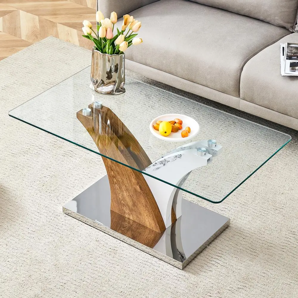 

Rectangular Clear Glass Coffee Table with Artistic MDF Legs White Marble Wood Texture 39.4in Modern Living Room Office Home