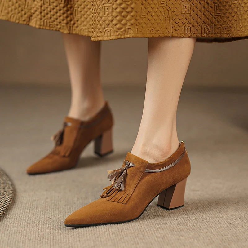 2023 Spring Women Shoes Pointed Toe Chunky Heel Women Pumps Sheep Suede High Heels Belt Buckle Shoes for Women zapatos de mujer