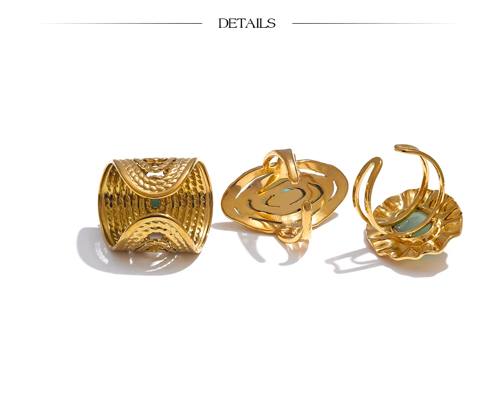 Yhpup Grüner Naturstein, modischer offener Ring, verstellbar, Edelstahl, goldfarben, geometrisch, tägliche Statement-Schmuck, Accessoires, Geschenk – Detail 4