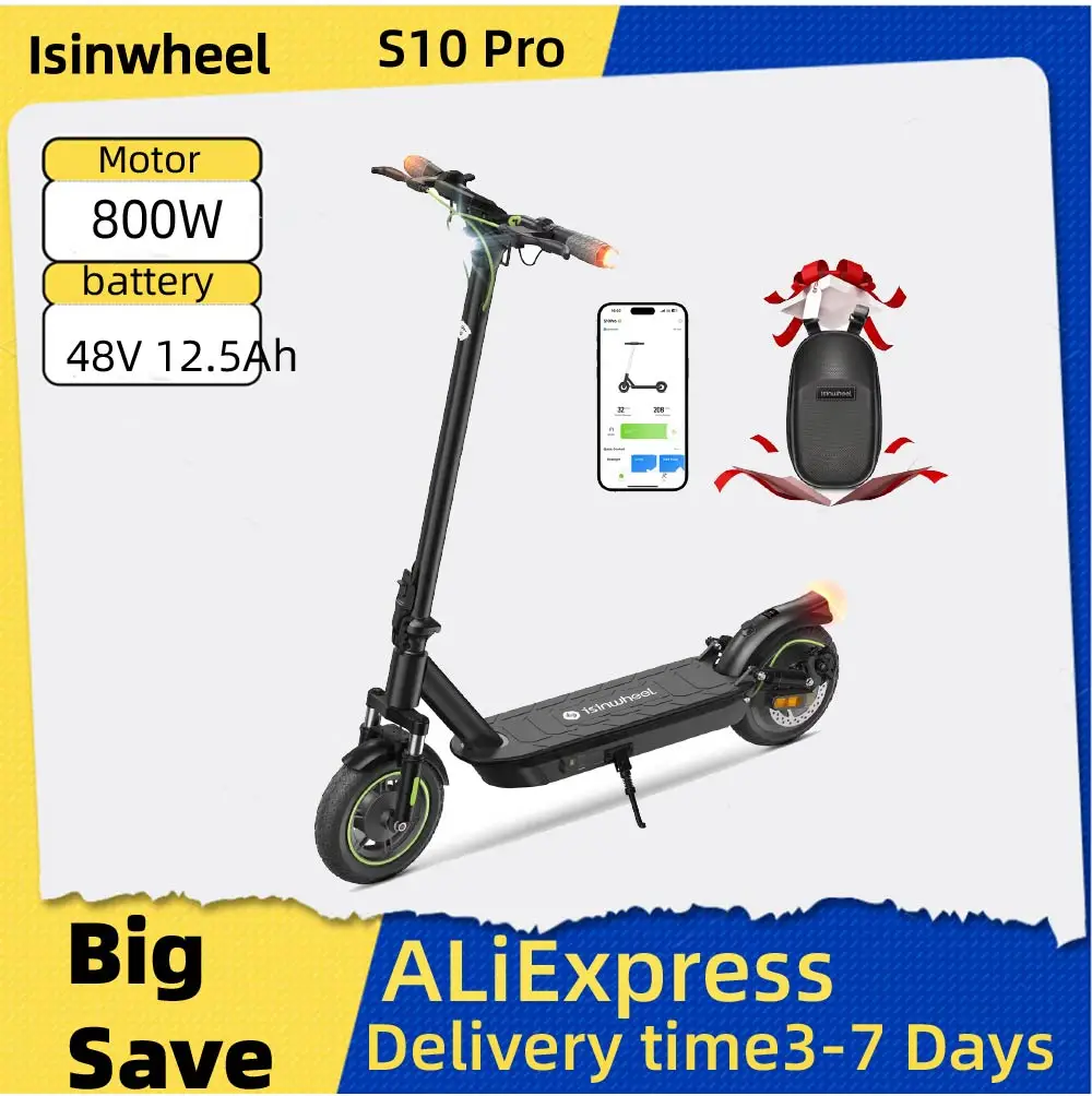 

Isinwheel S10 Pro Foldable Electric Scooter 48V 12.5Ah Battery 10 Inch Pneumatic Tires Adult City E-scooter