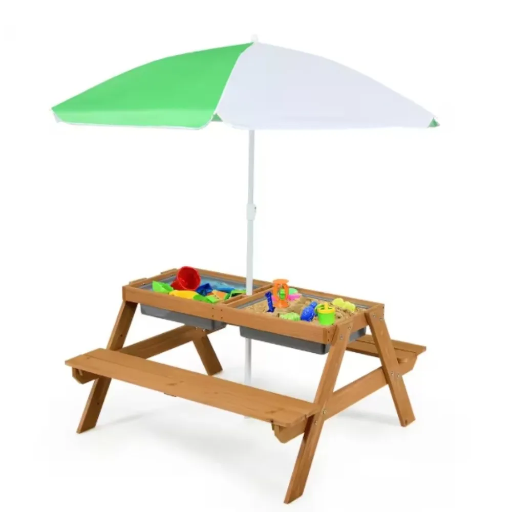 

3-in-1 Kids Wood Rectangle Outdoor Picnic Table Water Sand Table with Umbrella Play Boxes