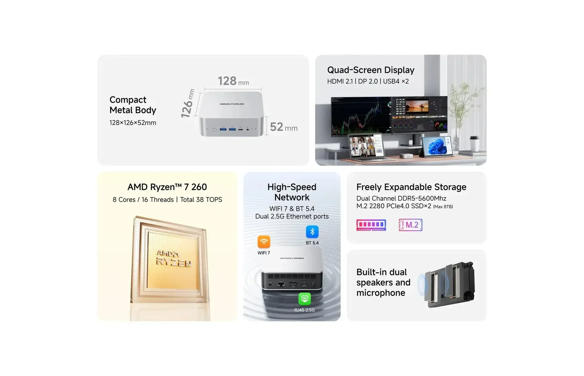MINISFORUM AI X1 Mini PC R7 255 / Al 9 HX 370/470 Dual Channel DDR5 5600MHz WiFi7 BT5.4 Oculink Dual USB4 Computer Dual Speakers