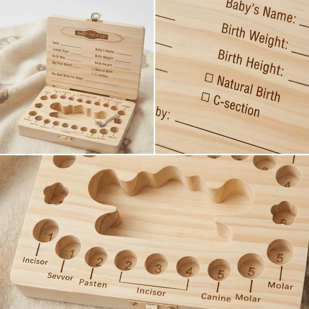 Wooden Baby Teeth Keepsake Box Smooth Wood Material Dedicated Compartments Memory Souvenir Organizer Dust-Proof Well-Structured