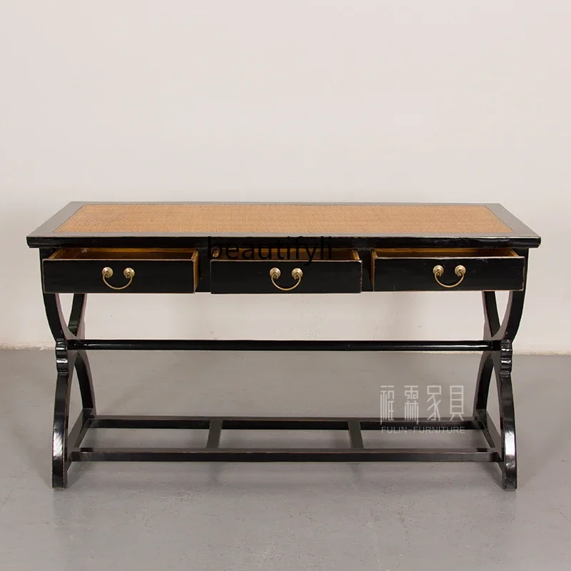 

xz1Old elm rectangular solid wood computer desk retro with drawers crossed legs writing desk antique
