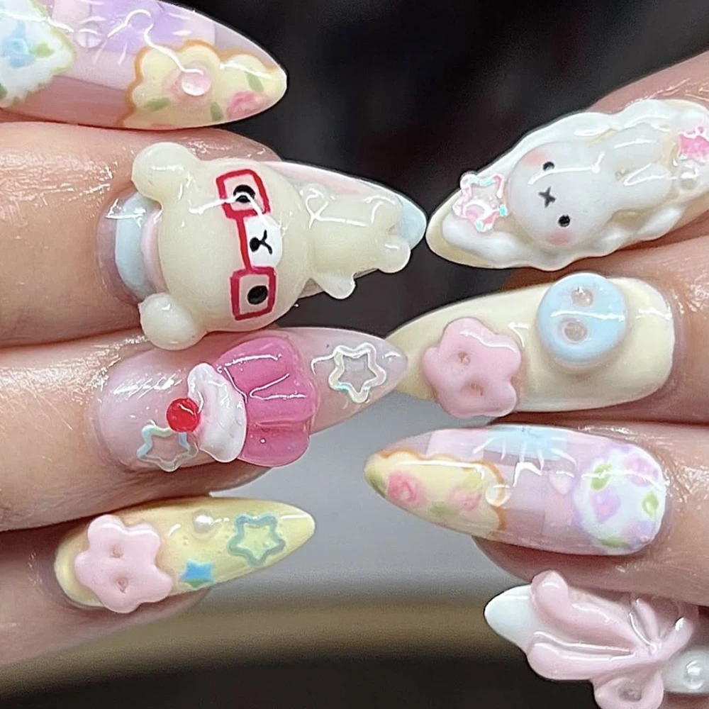 Kawaii Rilakkuma Rabbit Cake Almond Handmade Press On Nails Bowknot Polka Point French Pearl Skirt Edge Hand-Drawn Fake Nails