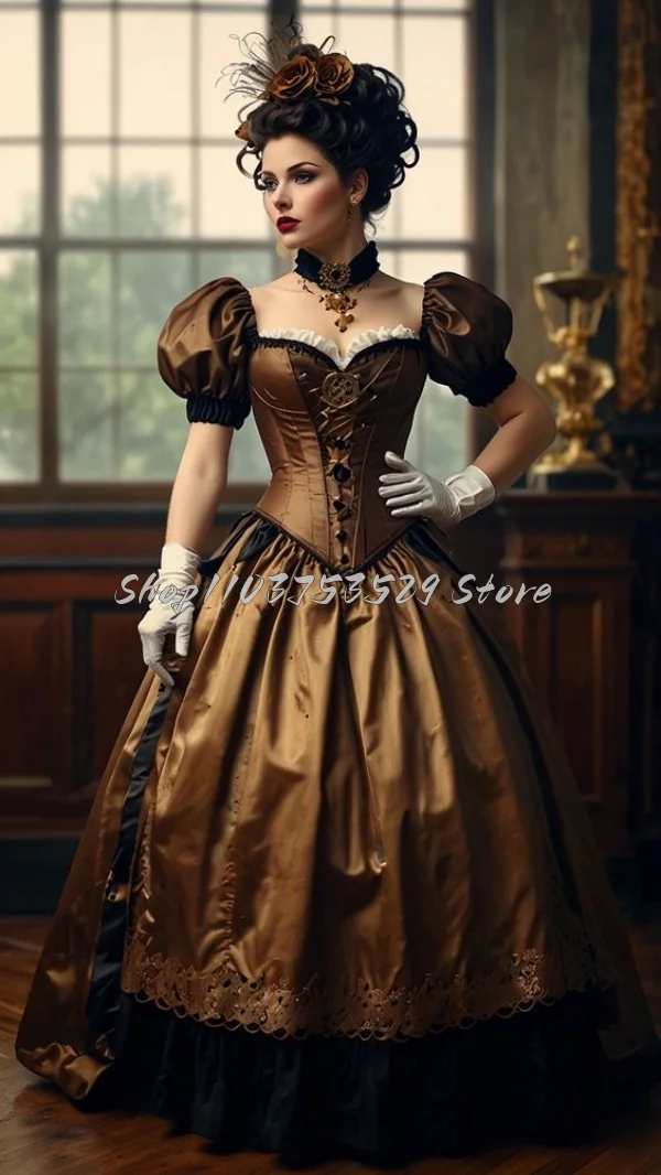 

Vintage Brown Victorian Evening Dress Classic Square Neck Short Sleeve Lace Ruched Applique Bodice Steampunk Mardi Gras Custom