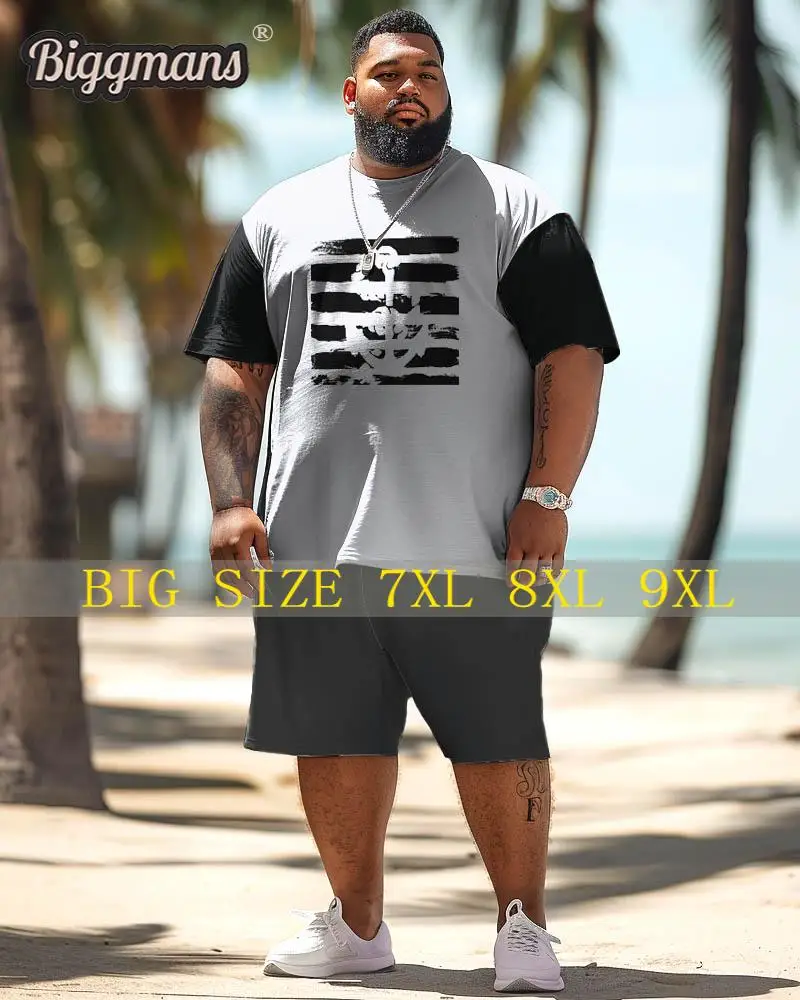 

Biggmans T-shirt Plus Size Set L-9Xl for Summer Oversize Hawaii Suit Men's Relaxed Letter Brush Pattern Print Large 7XL 8XL