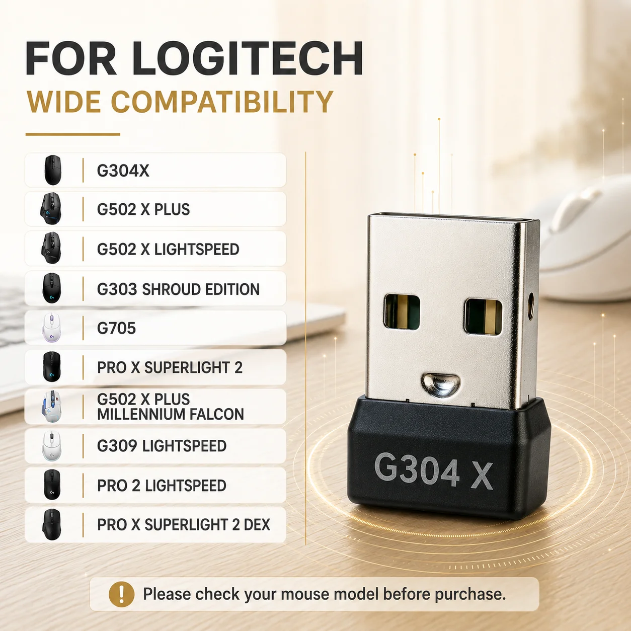 USB Wireless Mouse Receiver for Logitech G304X G705 G309 G502 X Plus G303 PRO 2 LIGHTSPEED PRO X Superlight 2 Replacement Dongle