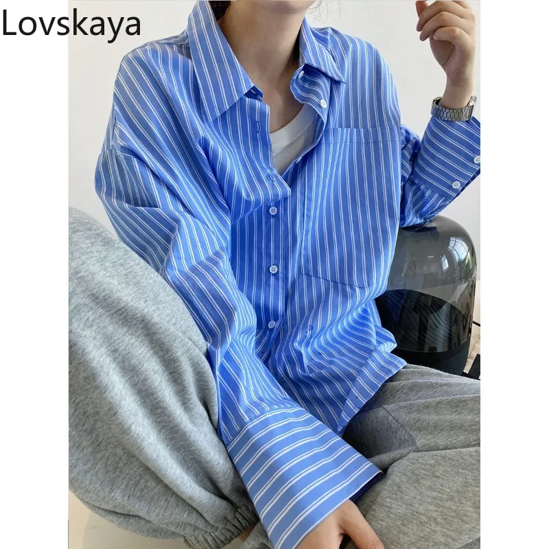 

New Korean loose bf lapel with large pockets long sleeved shirt vertical striped shirt women's spring dress