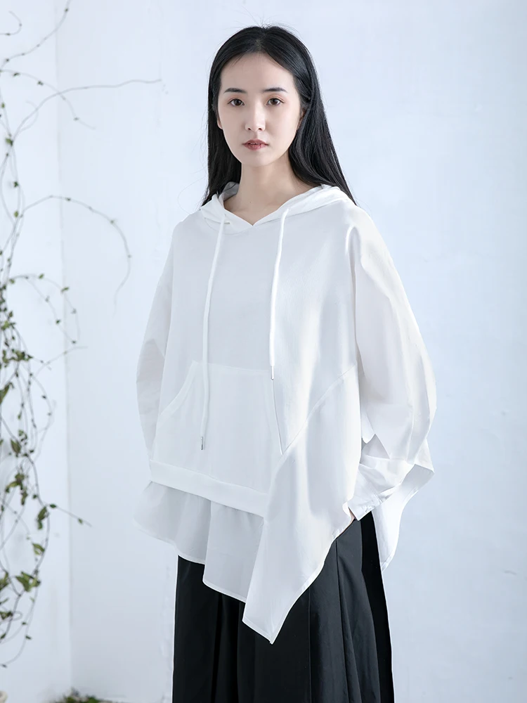 

Original Design Hoodie Women's Casual Loose Fit Cotton Long Sleeve T-Shirt Spring Laid-back Style Pure Color Patchwork Top