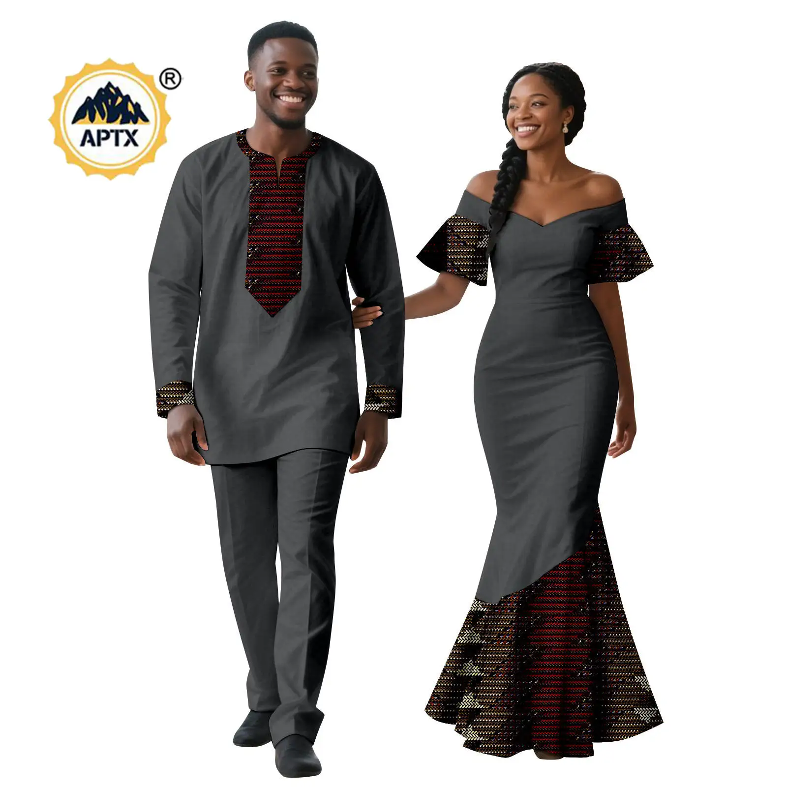 Robes sirène imprimées africaines Sexy pour femmes, tenues de Couple assorties, vêtements africains Dashiki pour hommes, ensembles haut et pantalon 25C070