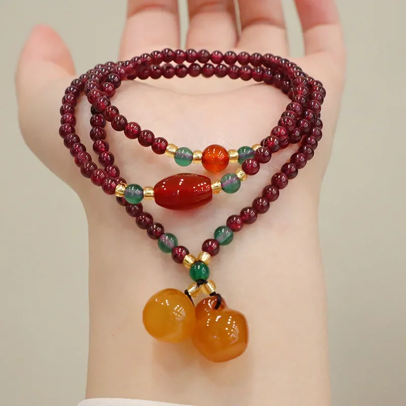 New Chinese Natural Three Circle Garnet Bracelet Female Chalcedony Apple Gourd Pendant Chinese Wind  Hand Jewelry Explosions