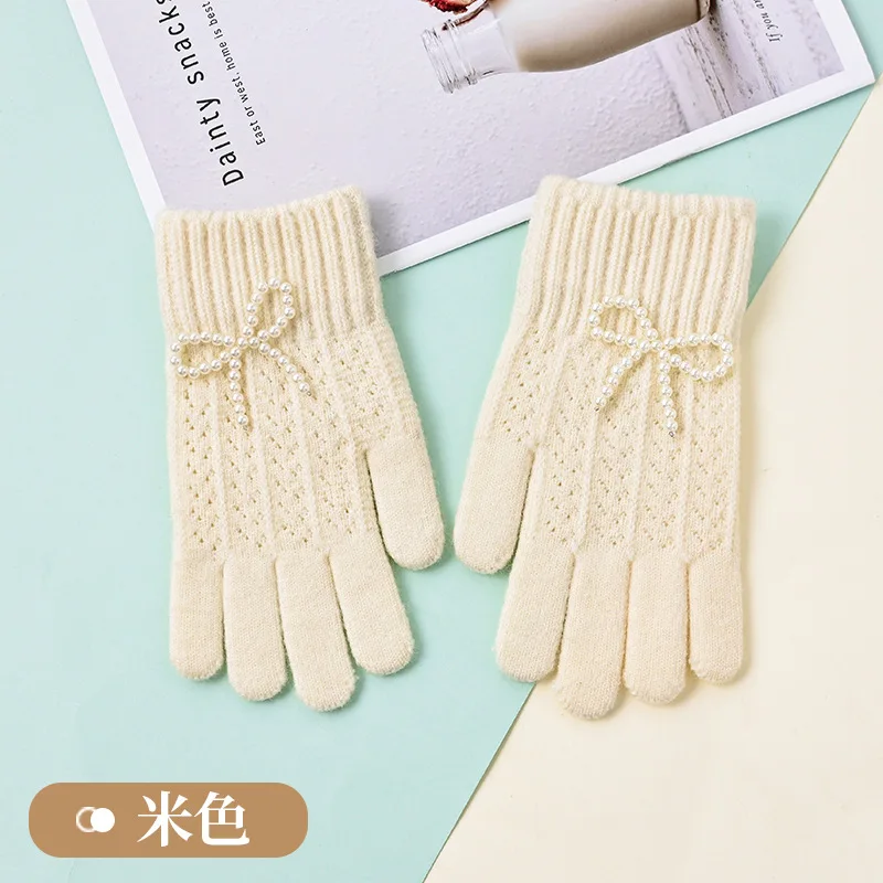 Guanti lavorati a maglia con fiocco di perle Guanti da donna con dita intere caldi alla moda color caramello Accessori da ciclismo Guanti da donna touch screen Nuovo