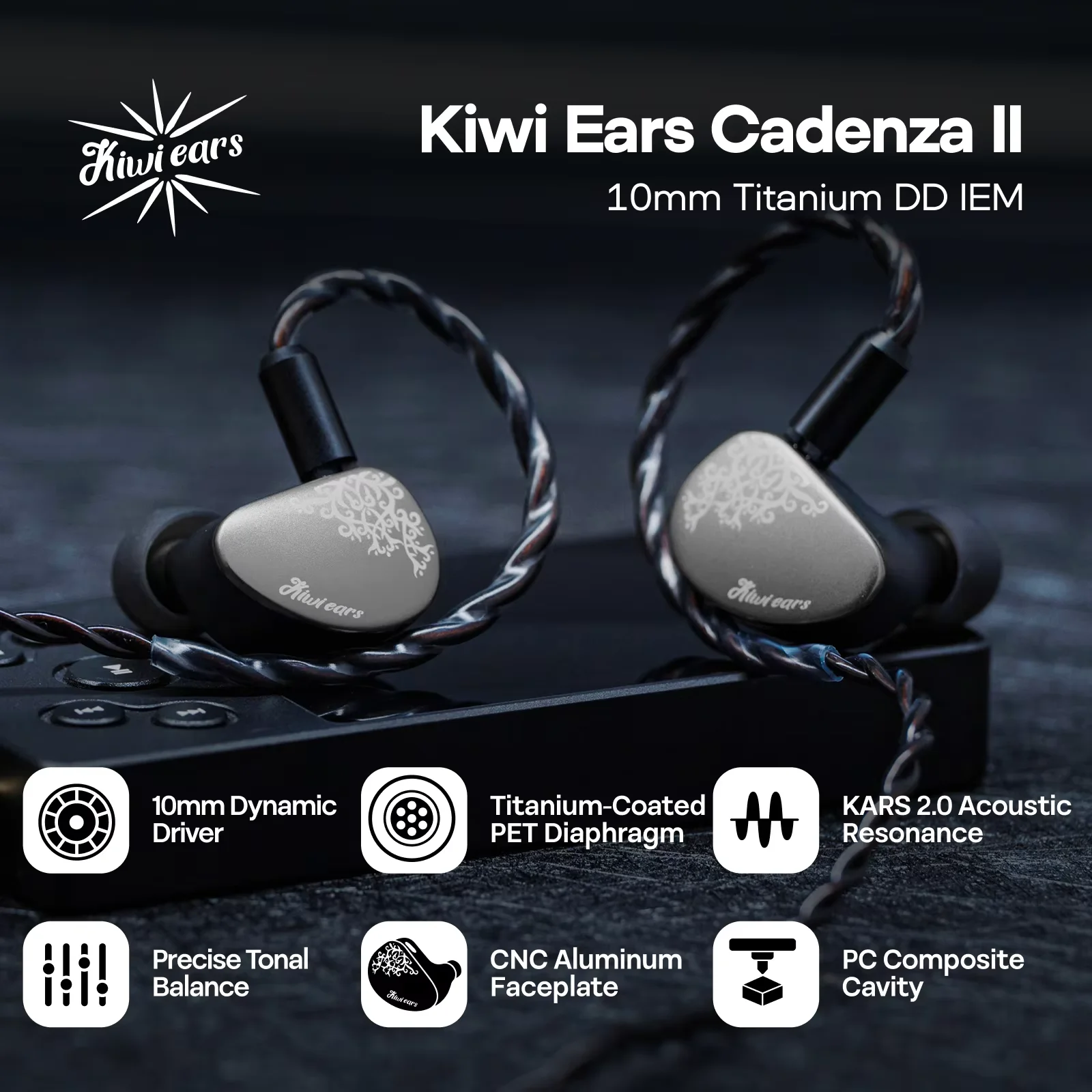 Słuchawki douszne Kiwi Ears Cadenza II IEM 10mm Titanium DD Hifi z delikatną, zrównoważoną modyfikacją dźwięku — zdjęcie produktu 3