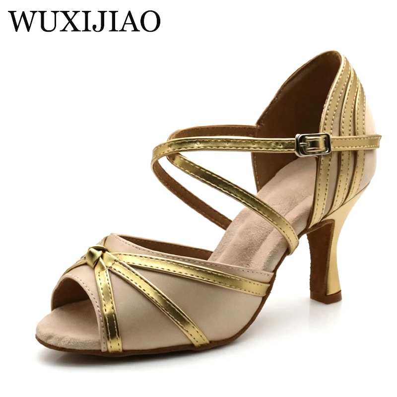Women Latin Dance Shoes Champagne Gold Satin Peep Toe Salsa Ballroom   Female Ankle Strap High Heel Wedding Party Prom Sandals