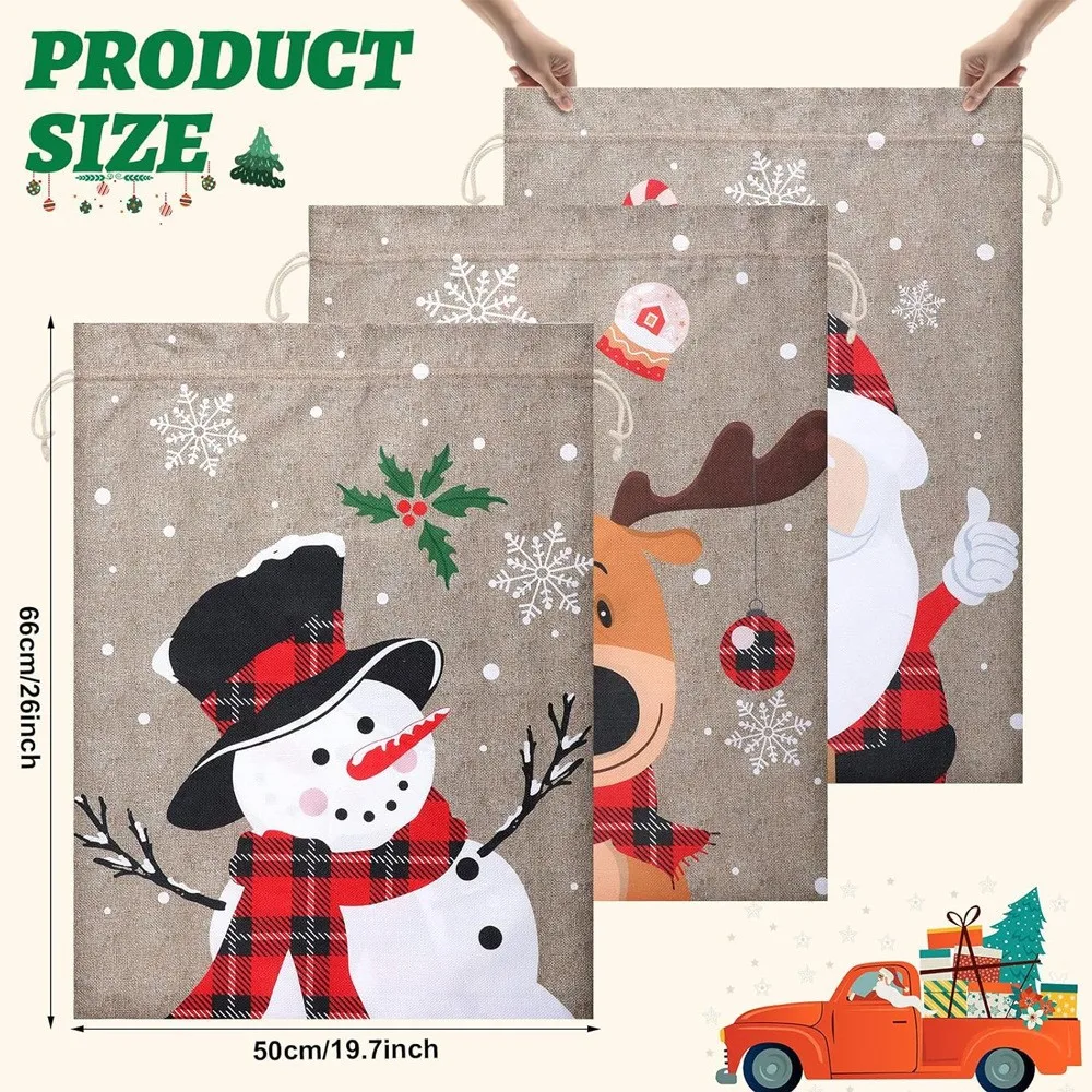 3pcs/lot 50*65cm Large Big Sizes Snowman Santa Claus Reindeer Linen Drawstring Bags For Christmas Snack Gift Packing Pouches
