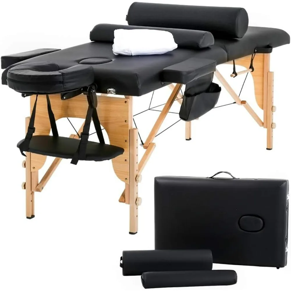 Lit de spa réglable avec porte-serviettes, lit de table portable, 2 lits de cils, poudre d'huile, demi-traversin rond, recommandé