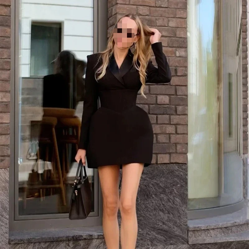 

Premium sense solid color temperament waist lapel long sleeve dress short skirt