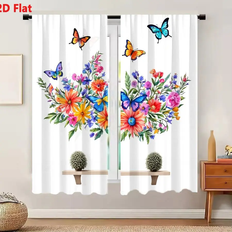 2Pcs Curtains Add 2D Flat Vibrant Floral Arrangement With Butterflies On White Background And Wooden Shelf Window Drapes for Bed