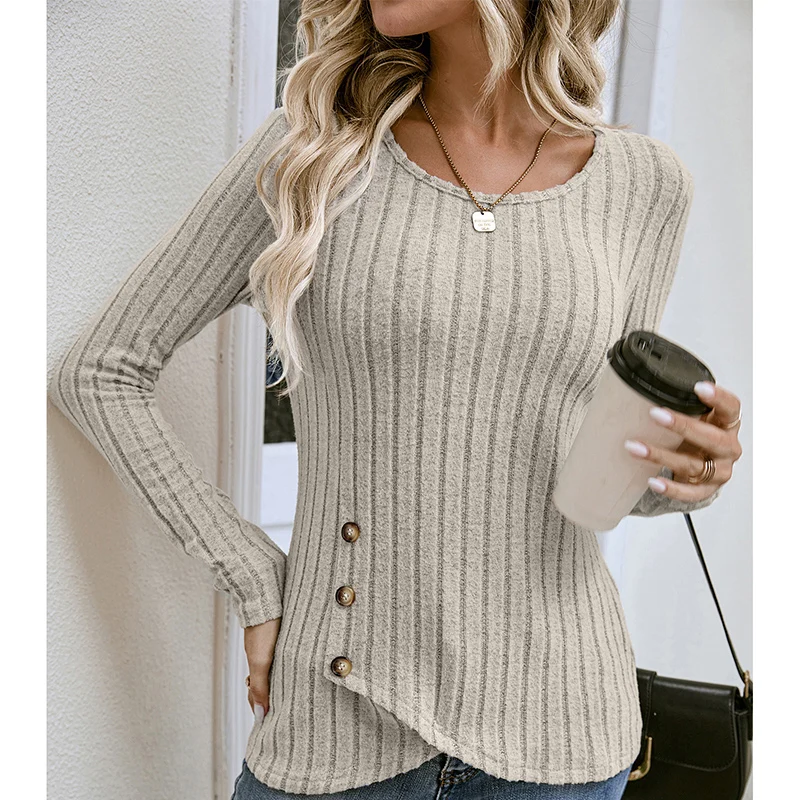 Autumn Elegant Fashion New Chic Pullover Women All Match Basic Solid Color Round Collar Button Long Sleeve Stripe Slim Sweater