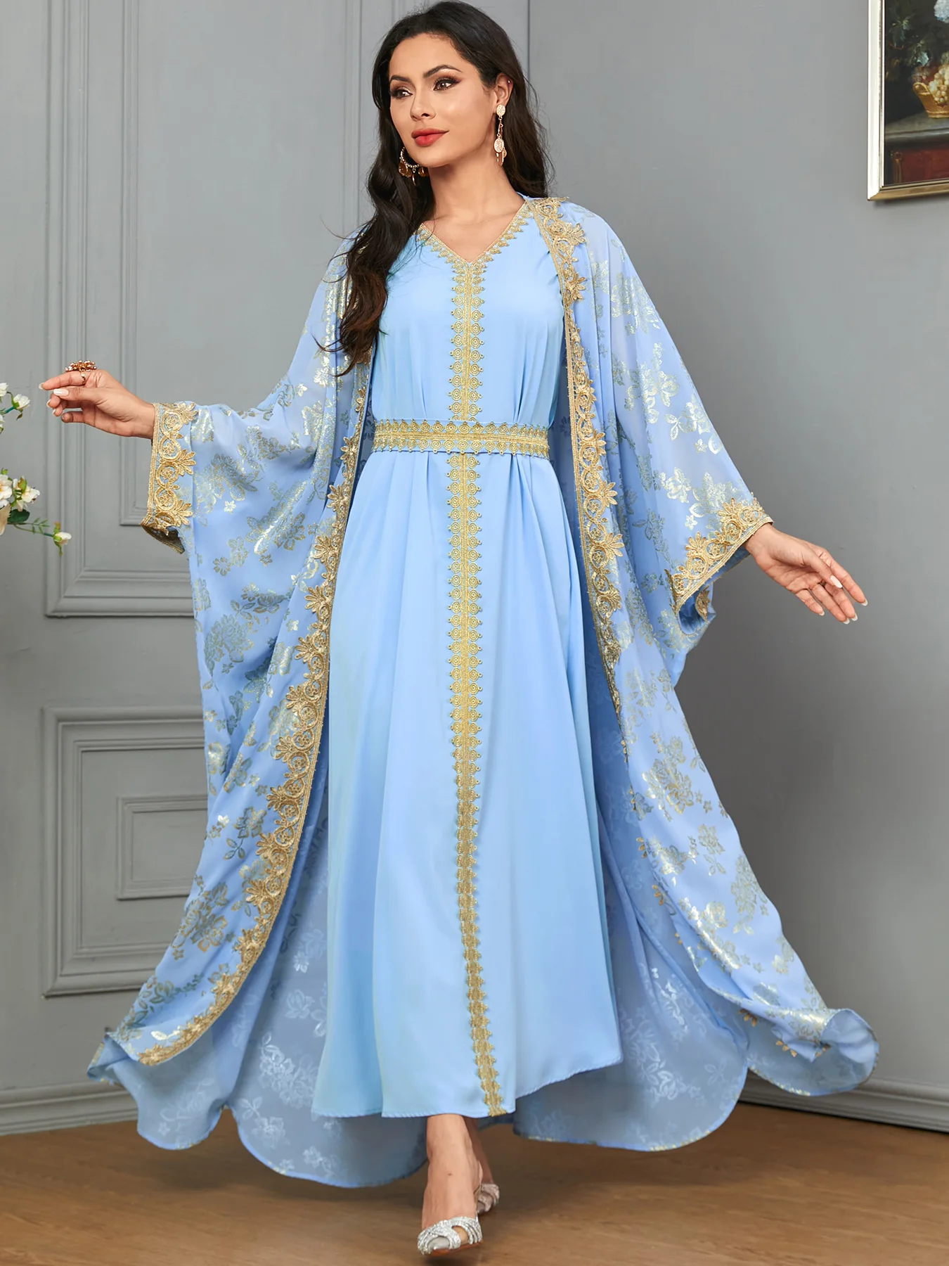 Abaya musulman pour femmes 2 pièces ensemble Robe Caftan fête Kimono Robe dubaï caftan Kebaya Caftan Marocain Femme Robe Jalabiya Robe