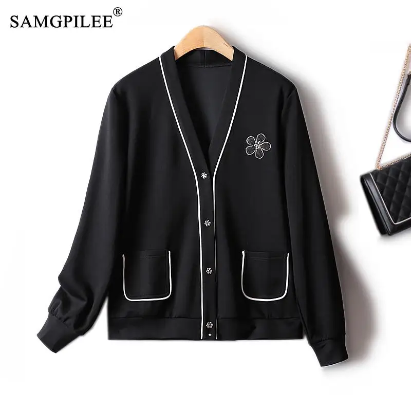 

Sweet Jacket Woman 2022 Autumn New Air Cotton Small Flower Embroidered Pocket Single Breasted Sweater Cardigan Female Clothing