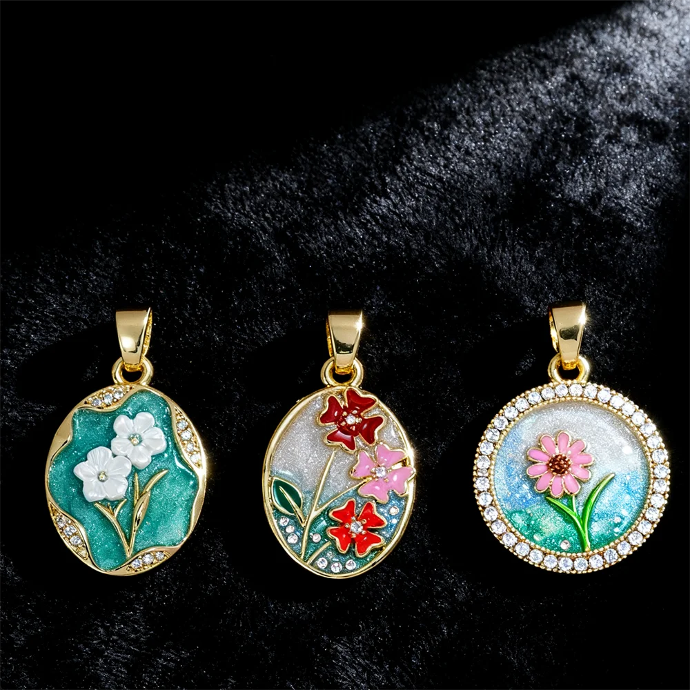 2Pcs Pendants Brass Enamel Floral Retro Flower Charms for DIY Jewelry Making Necklace Bracelet Fashion Accessories for Women Men