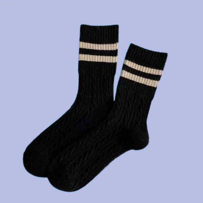 Chaussettes mi-mollet à double barre rayée japonaise pour femmes, chaussettes rétro Pys, marron, chaud, torsadé, optique, automne, hiver, nouveau, 5/10 paires