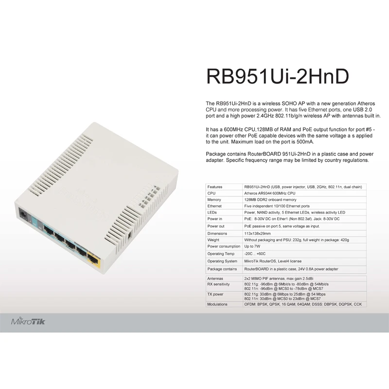 Imagem -02 - Roteador sem Fio Rb951ui2hnd Portas 1000mw 300m Roteadores Wifi 2x2 Mimo 2.5dbi Wi-fi 1xpoe in 5xpoe Out Mikrotik5-port