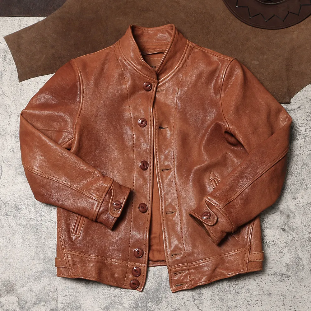 Heavy Washed Goatskin Jacket Men American Vintage Biker Casual Amekaji Genuine Leather Outerwear