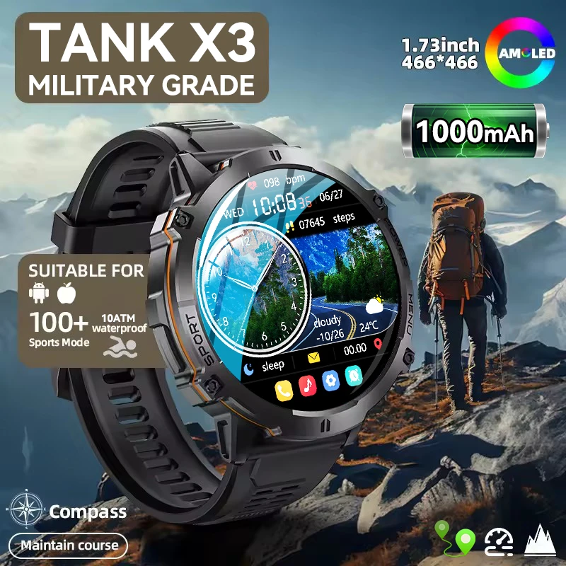 

New Men TANK X3 Smart Watch 1000mAh Ultra Long Battery Sport Watch GPS 10ATM waterproof Compass AMOLED HD Display Man Smartwatch